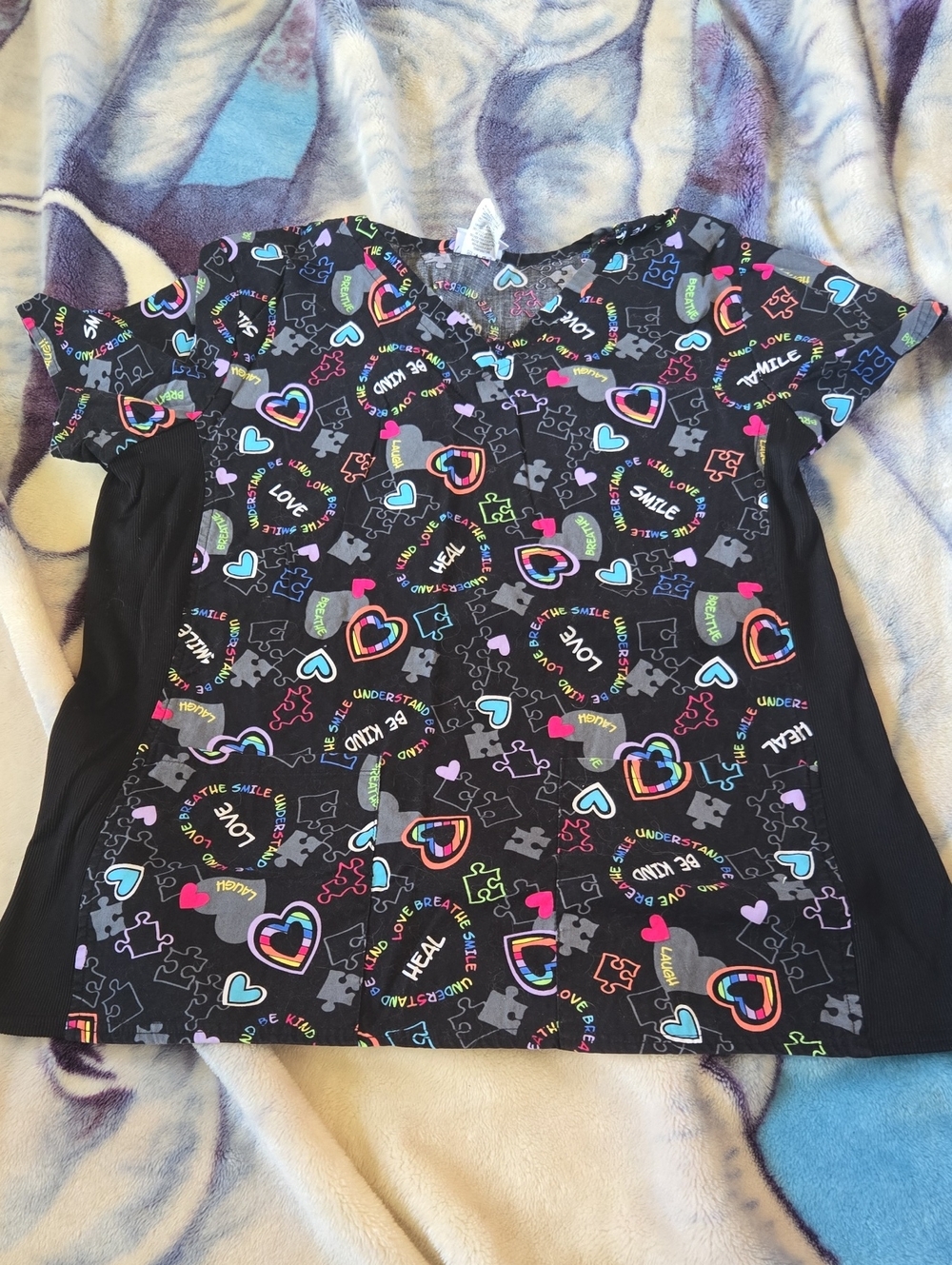 Womans Black Short-Sleeve Graphic Scrub Top with Multicolor Hearts